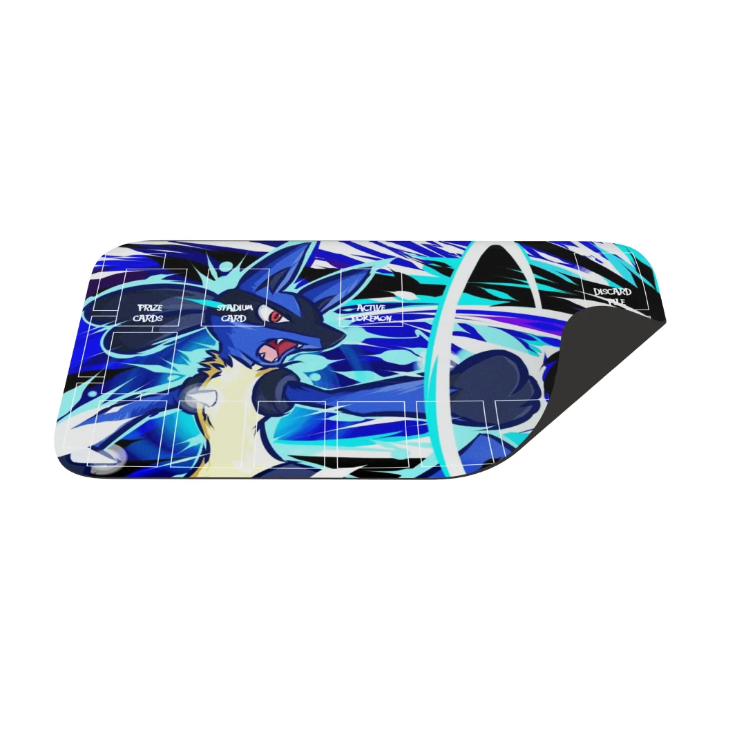 Colorful skateboard deck with a blue and black design on a white background