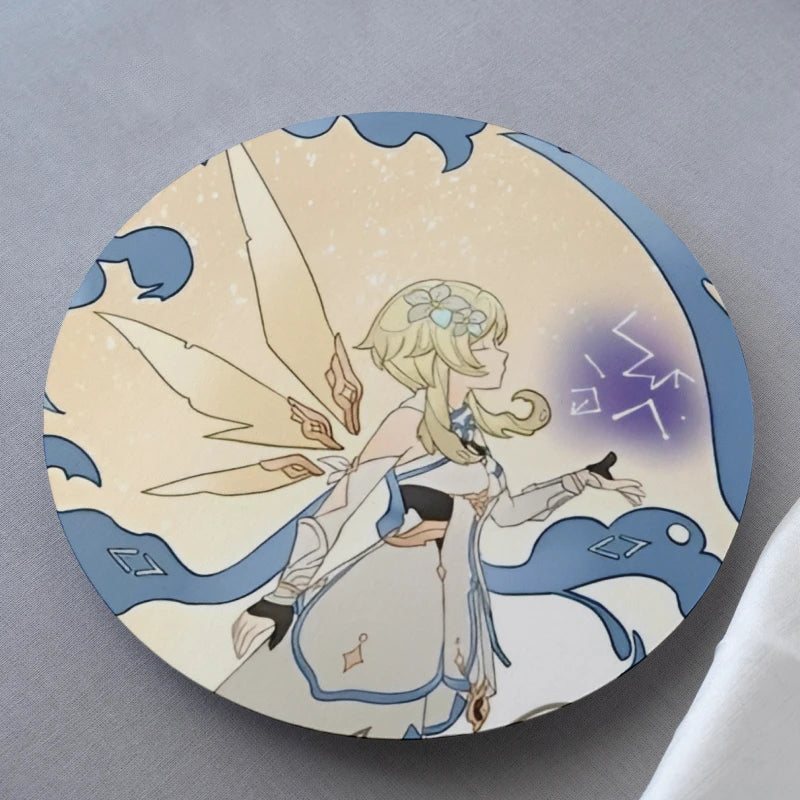 Circular product with fairy-themed design on a gray background