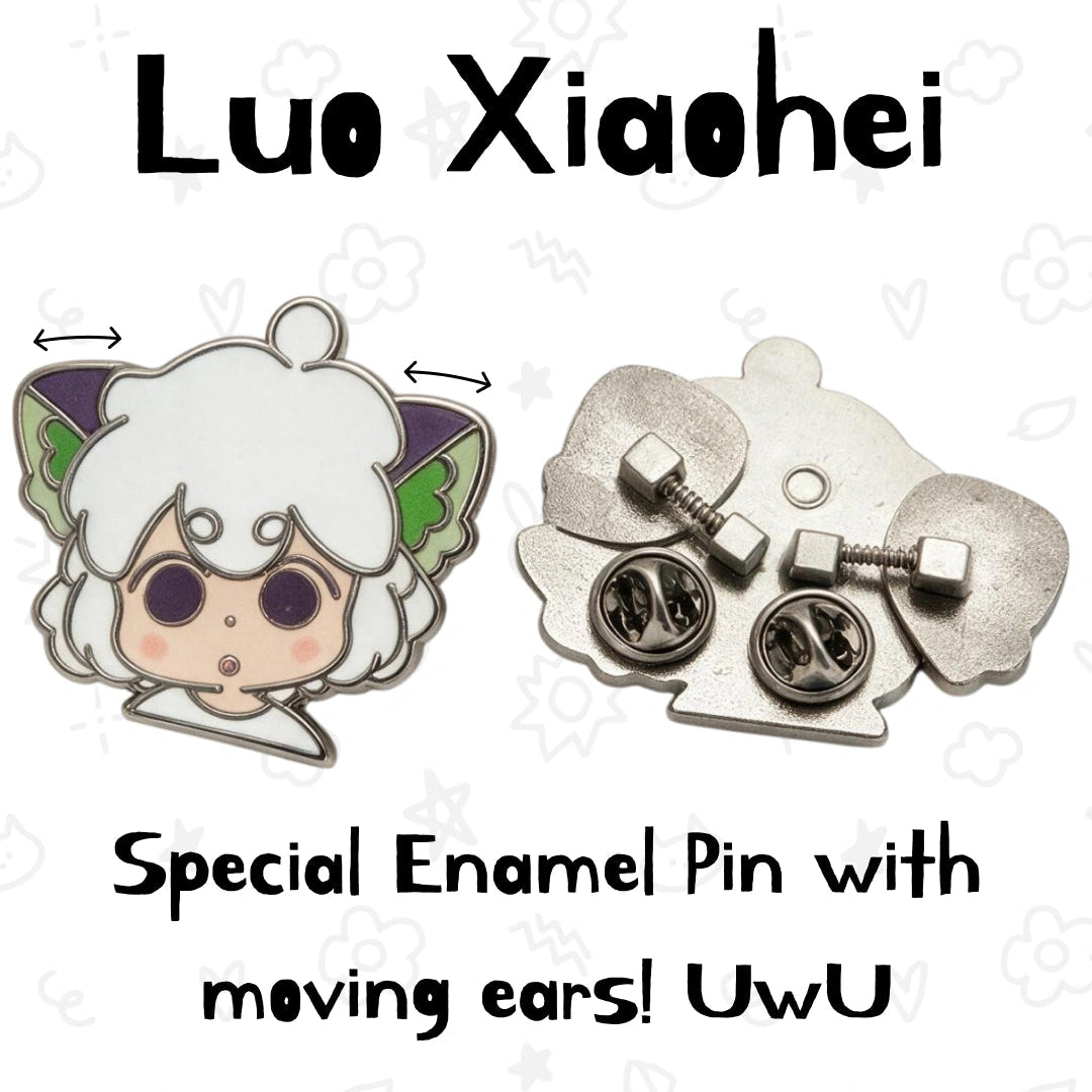 An enamel pin shaped like the character Luo Xiaohei, shown front and back on a white background with text reading 'Luo Xiaohei' and 'Special Enamel Pin with moving ears! UwU'. The front shows white hair, purple eyes, and green-tinged pointed ears; the back shows silver-tone metal backing and pin hardware.
