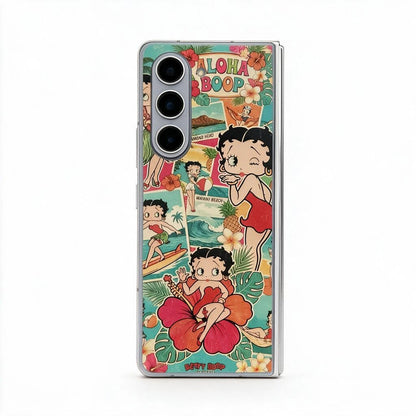 A protective phone case featuring a retro-style cartoon illustration of Betty Boop in Hawaiian-themed settings, including a beach scene and a large red hibiscus flower, with 'ALOHA BOOP' text at the top.