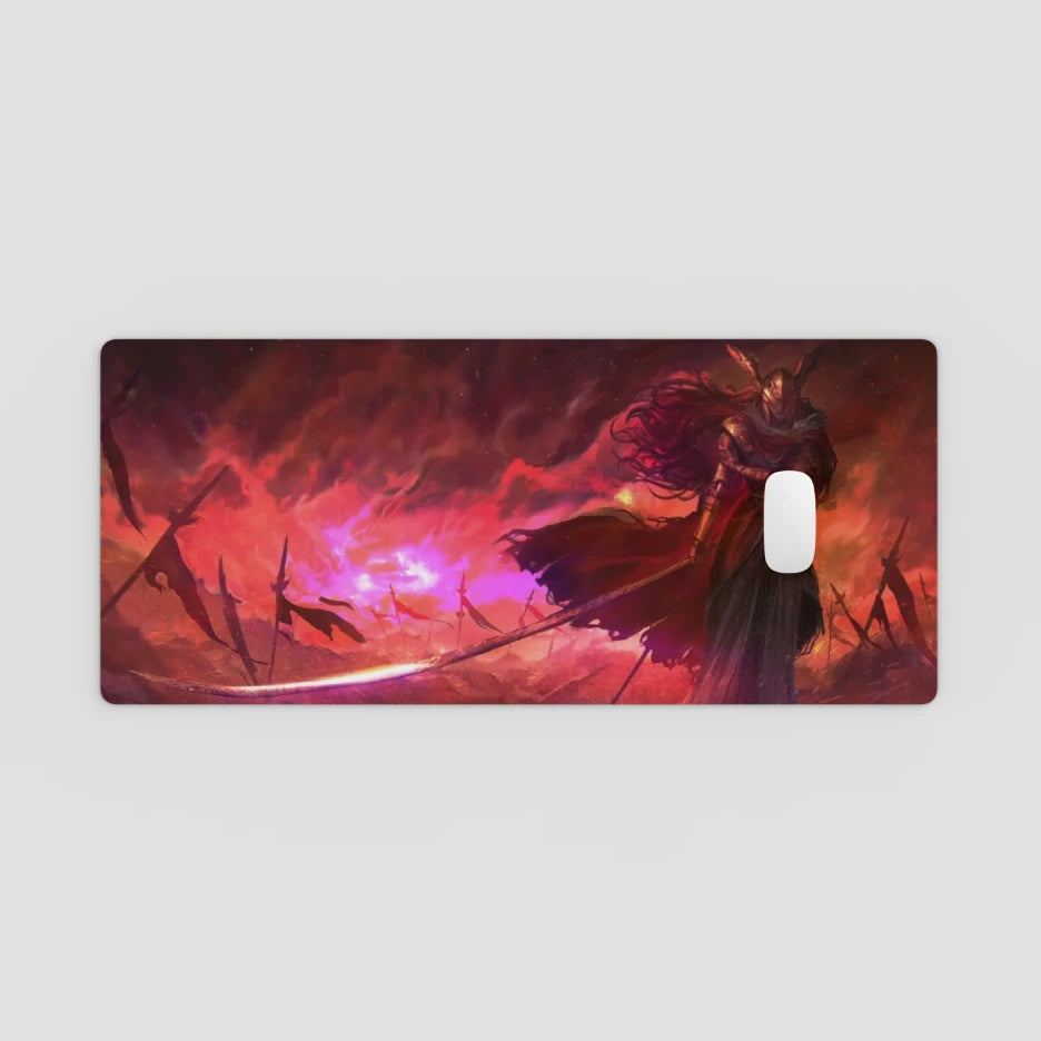 Phone case with a fantasy design featuring a warrior and dragon on a red and purple background