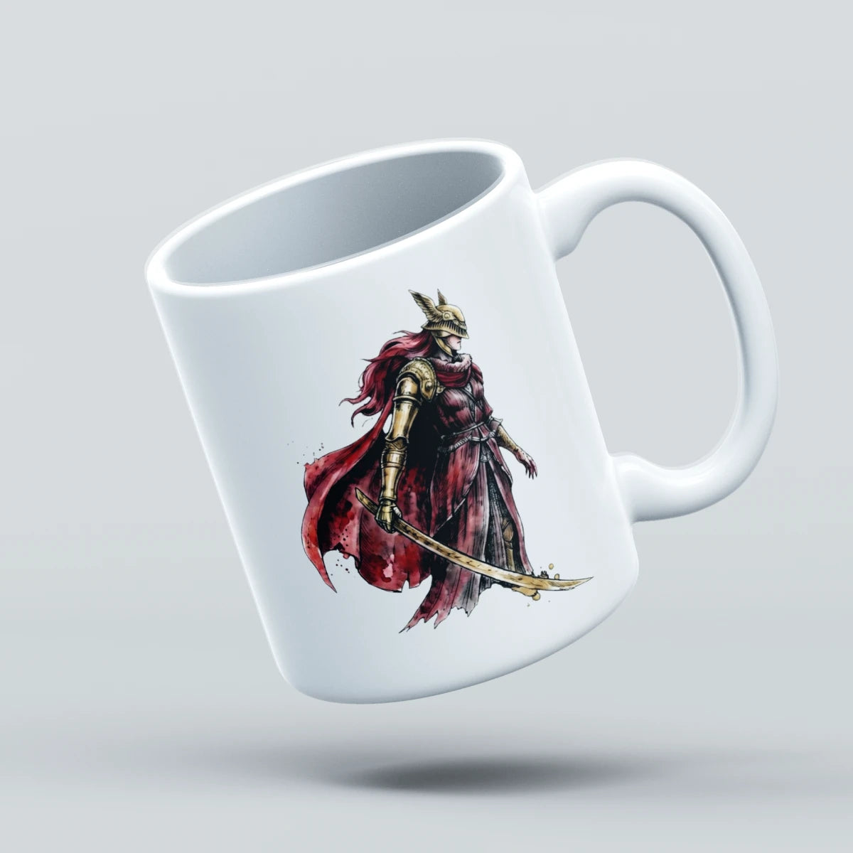 A white ceramic coffee mug with a printed graphic of a fantasy warrior in red and gold armor, shown floating against a light gray background.