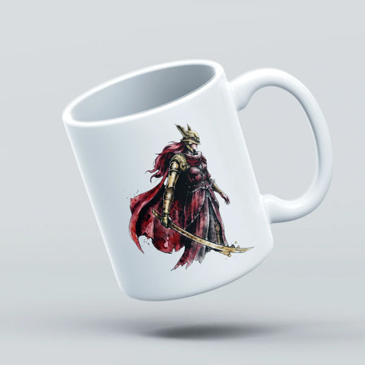 A white ceramic coffee mug with a printed graphic of a fantasy warrior in red and gold armor, shown floating against a light gray background.
