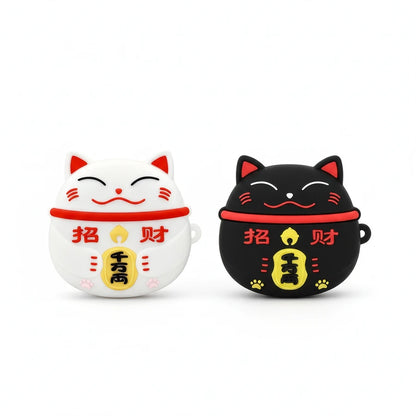 Two lucky cat-shaped airpods cases, one white and one black, on a white background.
