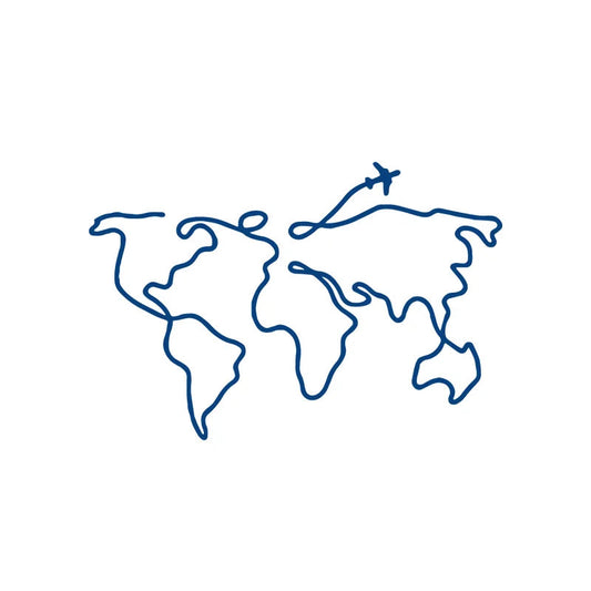 temporary tattoo of an outline of a world map with an airplane on a white background,