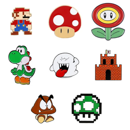Set of colorful character pins including Mario, a mushroom, a flower, Yoshi, a ghost, a castle, a mushroom, and a Goomba on a white background.