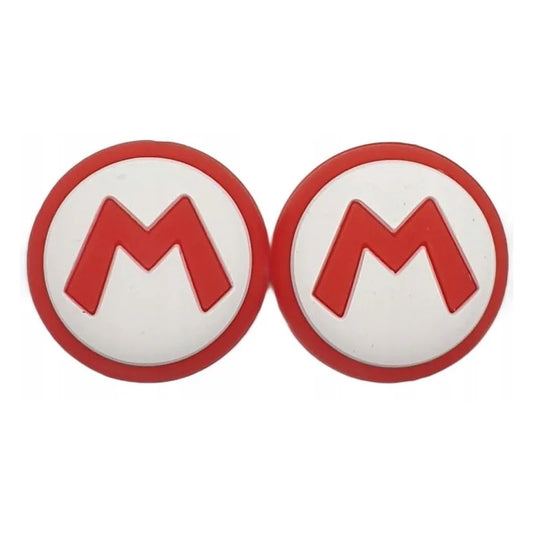 Two round red and white earrings with a red 'M' logo on a white background
