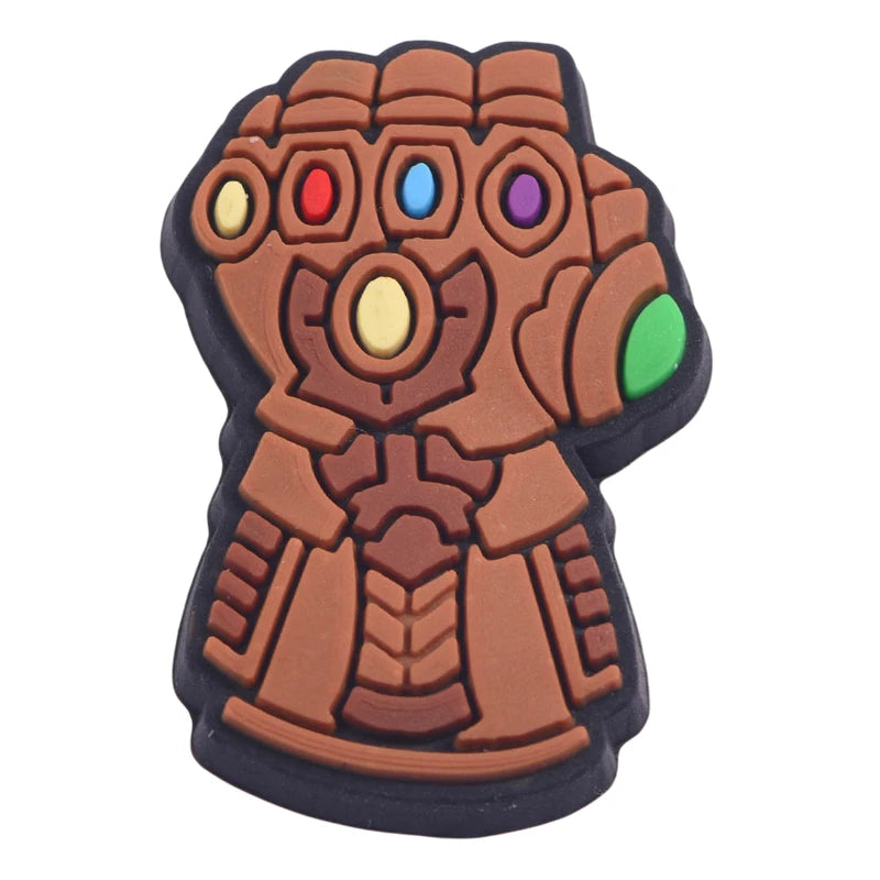 Glove-shaped object with colorful stones on a white background