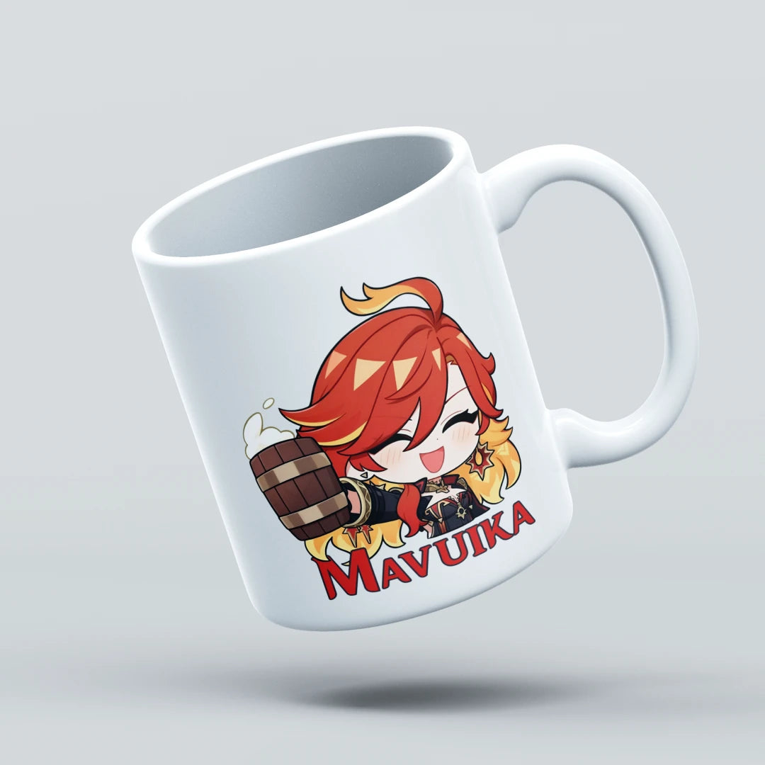 White mug with a character design and 'Mavuika' text on a light gray background