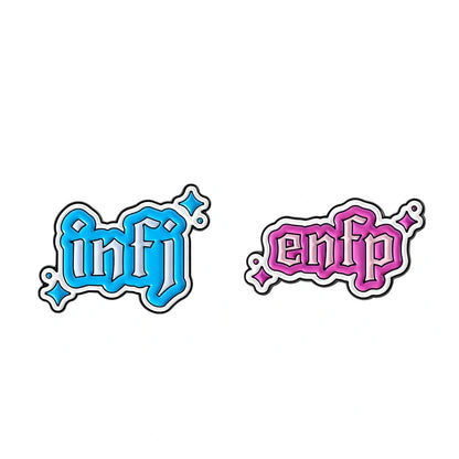Two decorative sticker-style patches on a plain white background: one blue with the letters 'infj' and one pink with the letters 'enfp'.