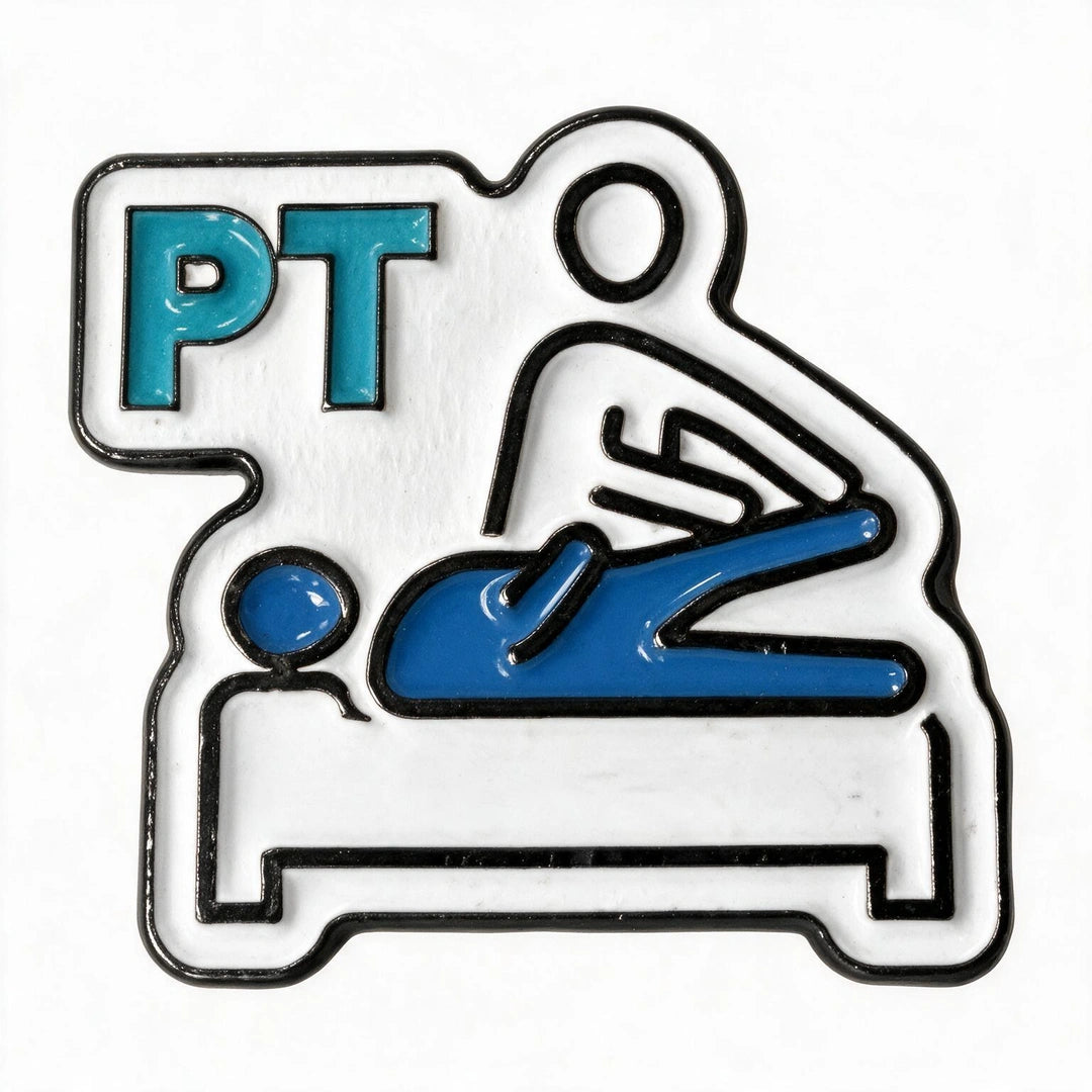 A die-cut enamel pin featuring a white background with a black outline, blue graphic of a person receiving a massage, and the letters 'PT' in blue inside a speech bubble, shown on a plain white background.