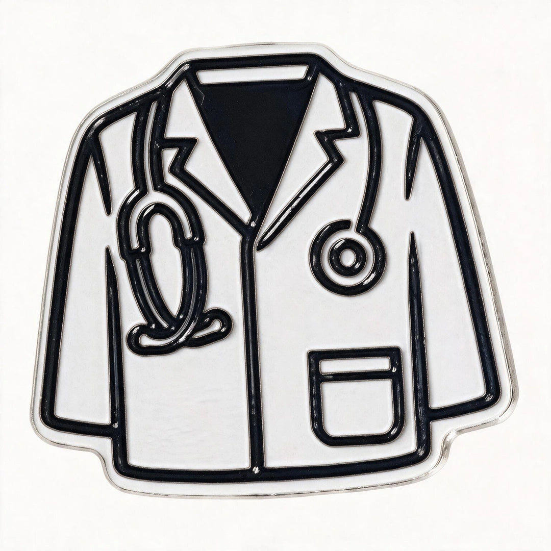 A die-cut enamel pin shaped like a white doctor's coat with black outlines and a black stethoscope, shown on a plain white background.