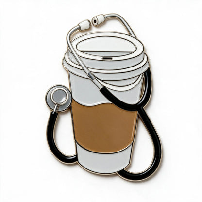 A novelty enamel pin shaped like a takeaway coffee cup with a stethoscope draped over it, shown on a plain white background.