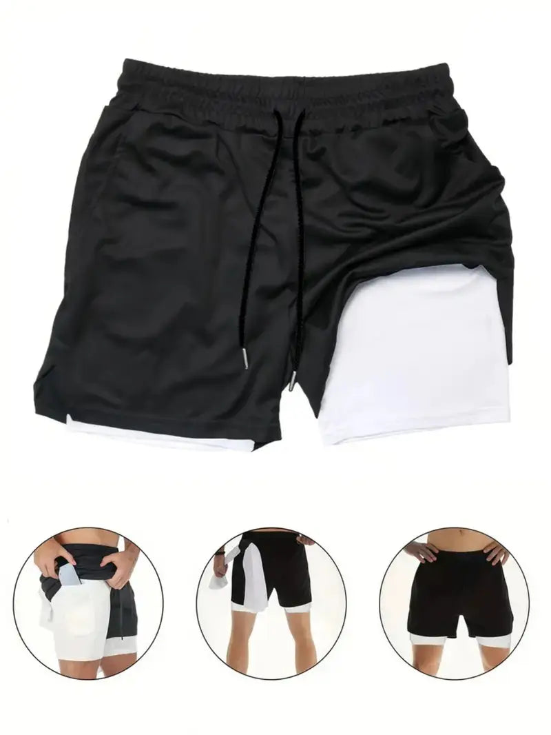 Black shorts with white lining on a white background, with inset images showing the shorts from different angles.