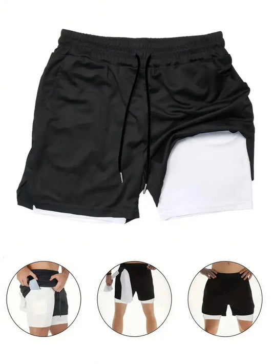 Black shorts with white lining on a white background, with inset images showing the shorts from different angles.