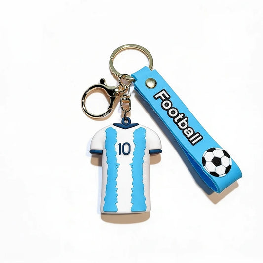 Keychain designed like a soccer jersey with number 10, featuring a blue tag with 'Football' text on a white background.