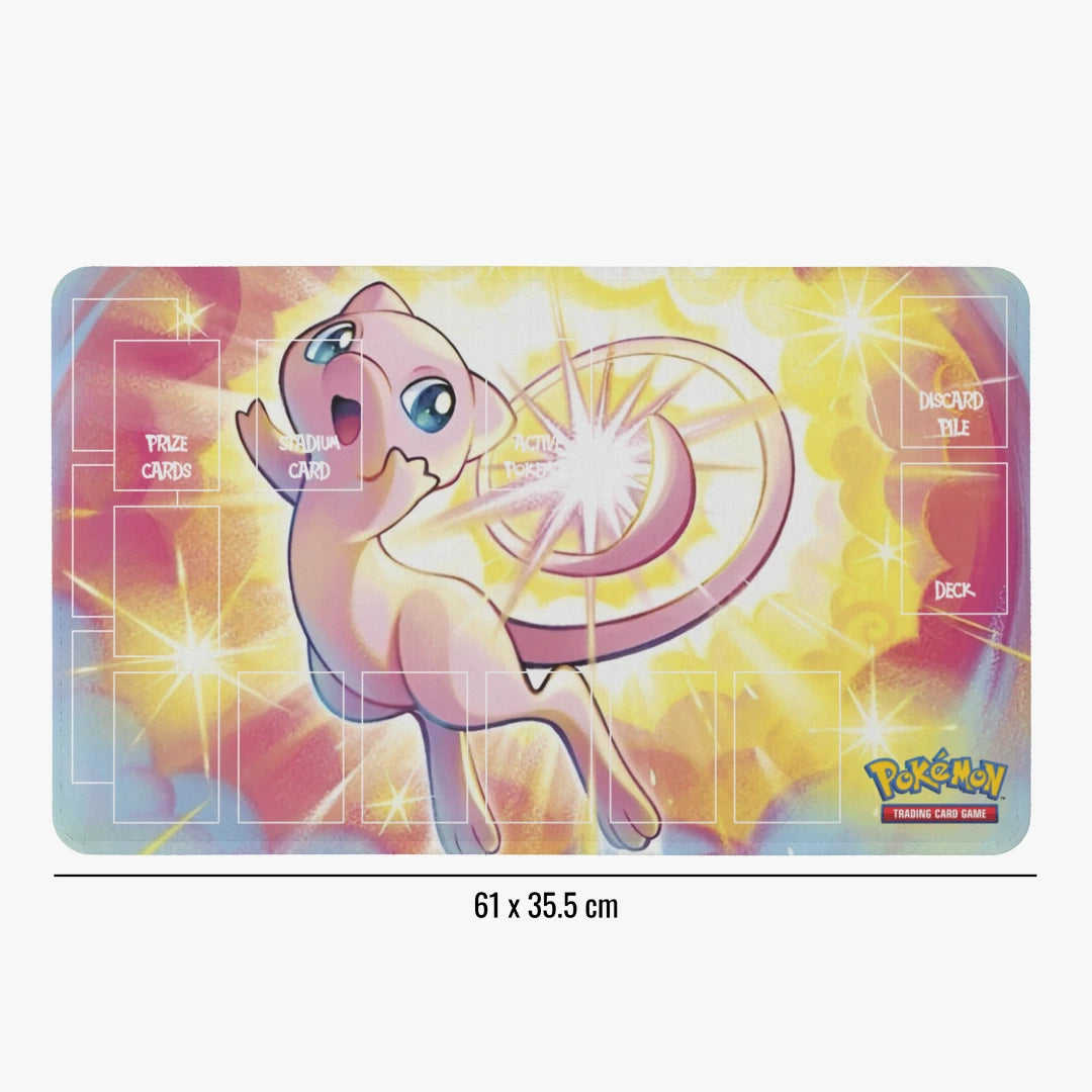Pokémon trading card game mat with Mew character on a colorful background