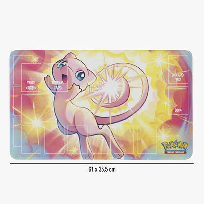 Pokémon trading card game mat with Mew character on a colorful background