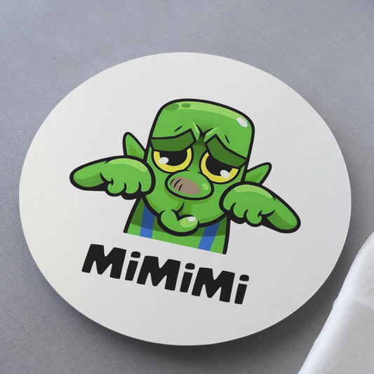 Circular white coaster with a green cartoon character and 'MiMimi' text on a gray background