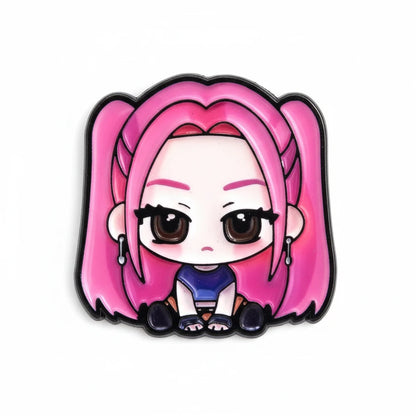 Cartoon character with pink hair and a blue outfit on a white background
