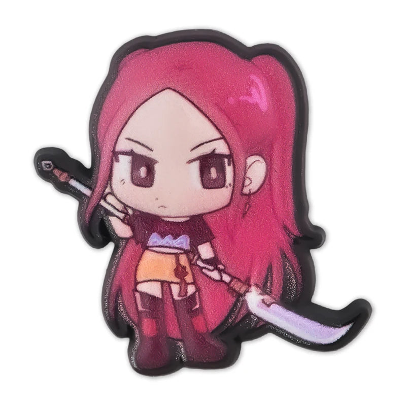 Chibi-style character with pink hair and a sword on a white background