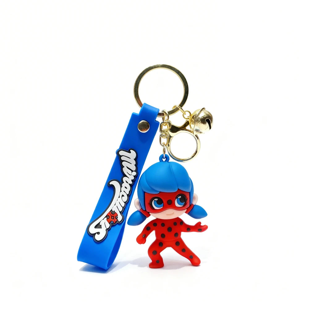 Keychain with a character in a blue helmet and red outfit on a white background