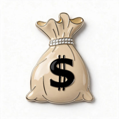 A money bag pin featuring a beige body with a black dollar sign, a white beaded rope detail, and gold-toned highlights, set against a plain white background.