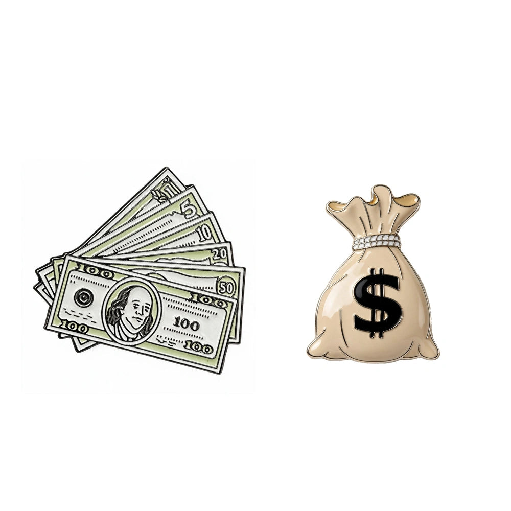 A set of two enamel pins on a plain white background: one depicting a fanned stack of US 100 dollar bills, and the other a beige money bag with a black dollar sign.