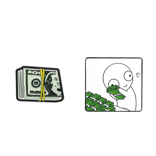 Two small novelty items on a plain white background: a stack of U.S.