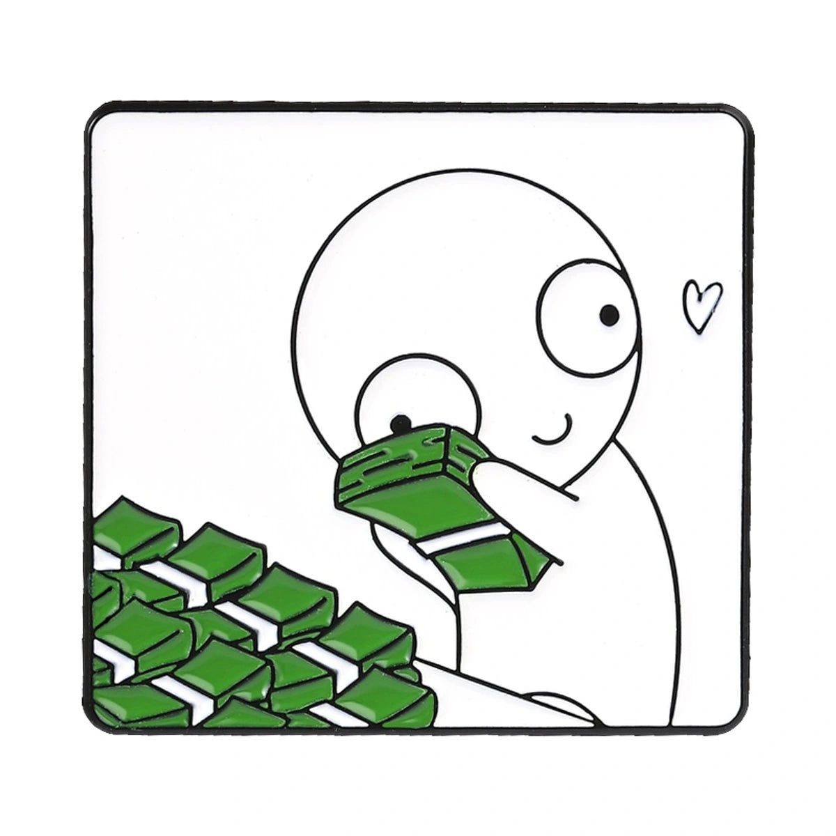 A square black-and-white cartoon illustration with a simple line-drawn character holding green rectangular items, with more of the same piled at the lower left and a small heart near the head.