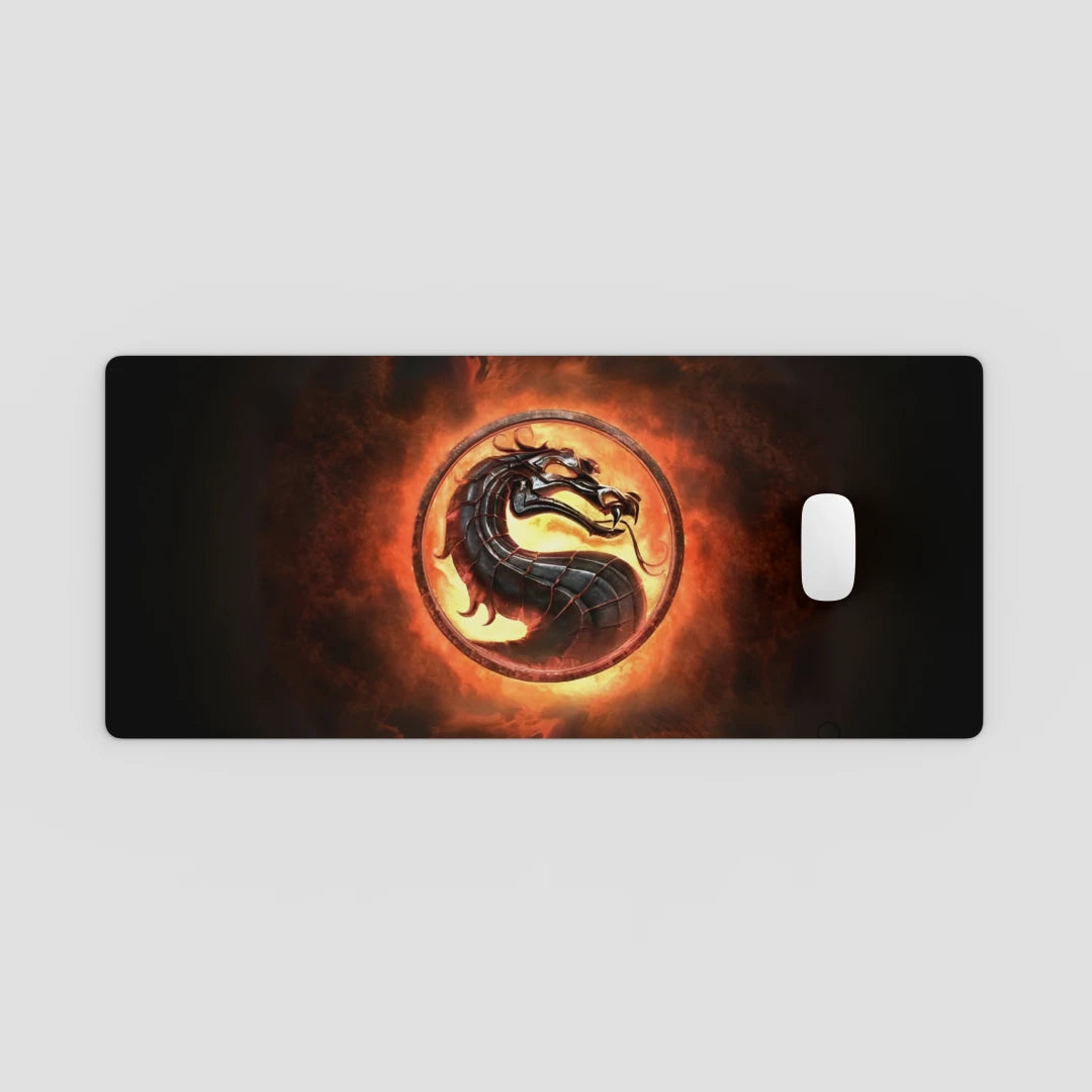 Dragon logo with fiery background on a rectangular surface