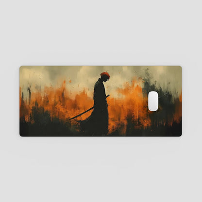 Silhouette of a person with a staff against a fiery background