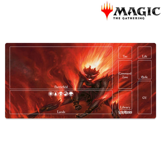 Card game playmat with character design and 'Magic: The Gathering' logo.