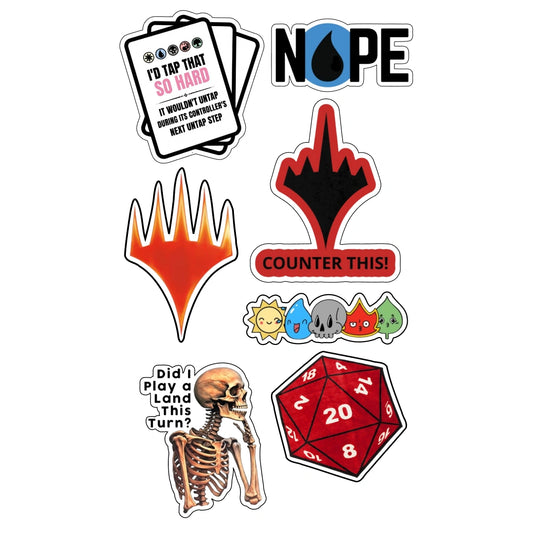 A set of die-cut stickers featuring gaming and meme-themed designs, including a red 20-sided die, a cartoon skeleton, a black and red hand gesture with the text 'COUNTER THIS!', a stack of cards with a warning label, a blue 'NOPE' droplet logo, and a red-orange flame shape.