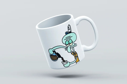 squidward pouring coffee white mug design