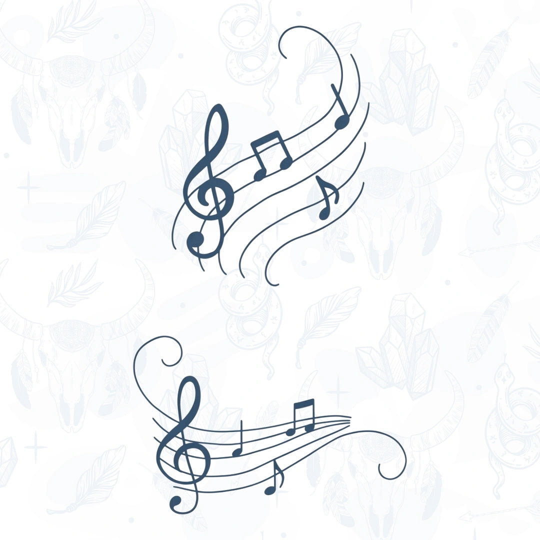 Decorative music notes tattoo design on a light background