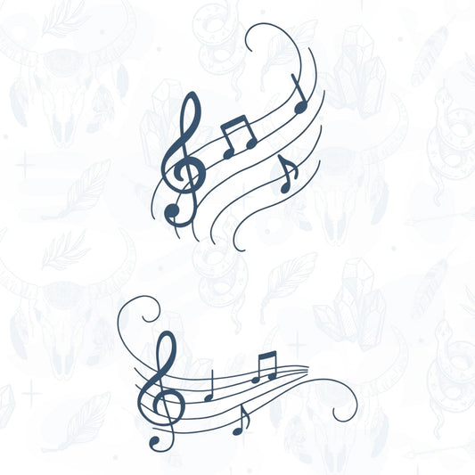Decorative music notes tattoo design on a light background