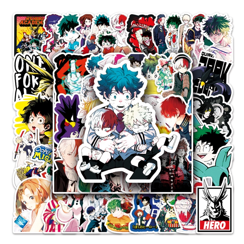 Collection of anime stickers featuring various characters and designs.