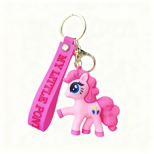 Pink 'My Little Pony' keychain with a pink strap on a white background