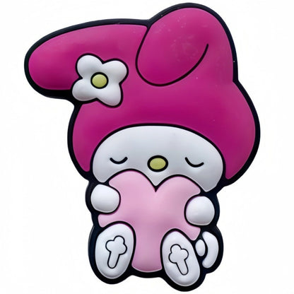 Cartoon character with a pink hat and heart on a white background