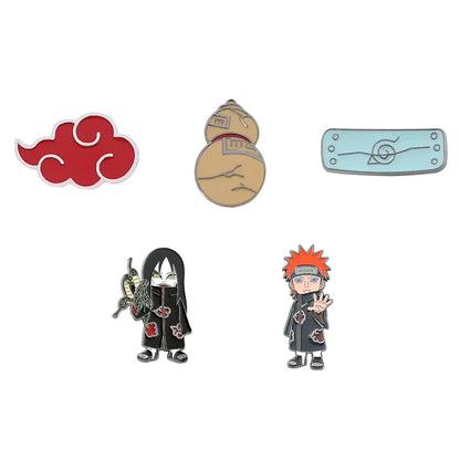 Set of anime-themed pins featuring characters and symbols on a white background