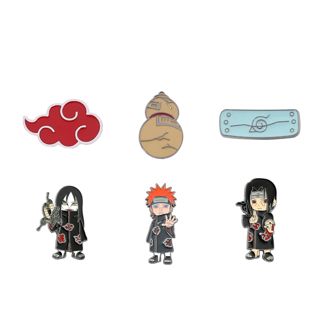 Six Naruto-themed enamel pins arranged on a plain white background, including the Akatsuki cloud symbol, a gourd, a Hidden Leaf headband, and three chibi-style characters in black robes with red cloud accents.