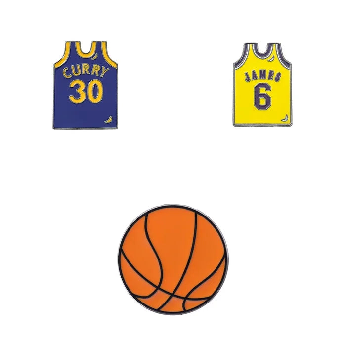 Two basketball jerseys with player names and numbers, one blue and one yellow, with a basketball below on a white background.