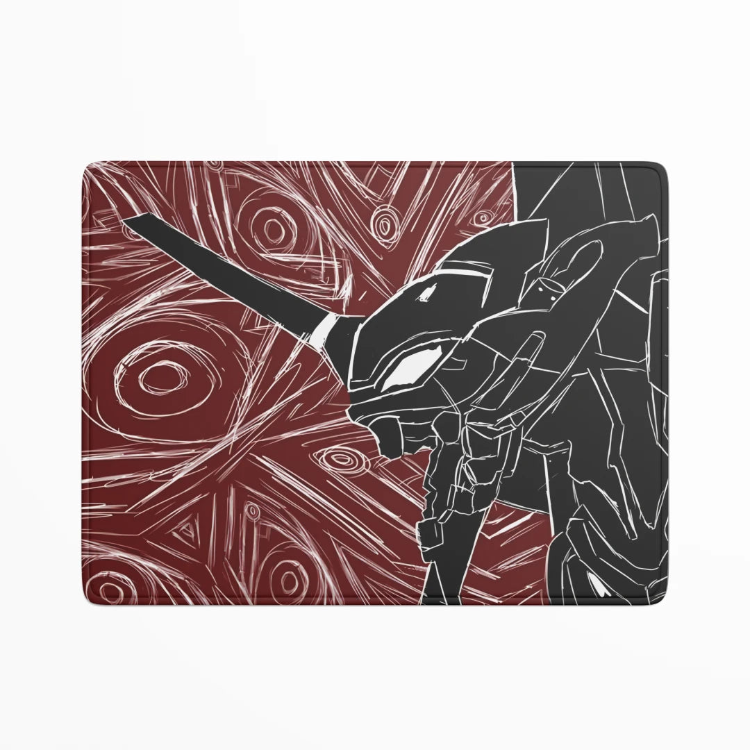 Laptop skin with robot design on a red and white abstract background