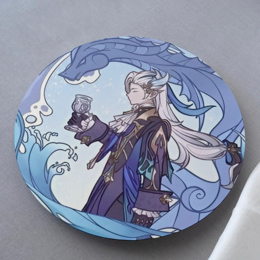 Circular product with fantasy-themed illustration of a character and creature on a gray background