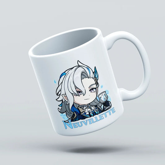 White mug with anime character design and 'Neuvillette' text on a light gray background