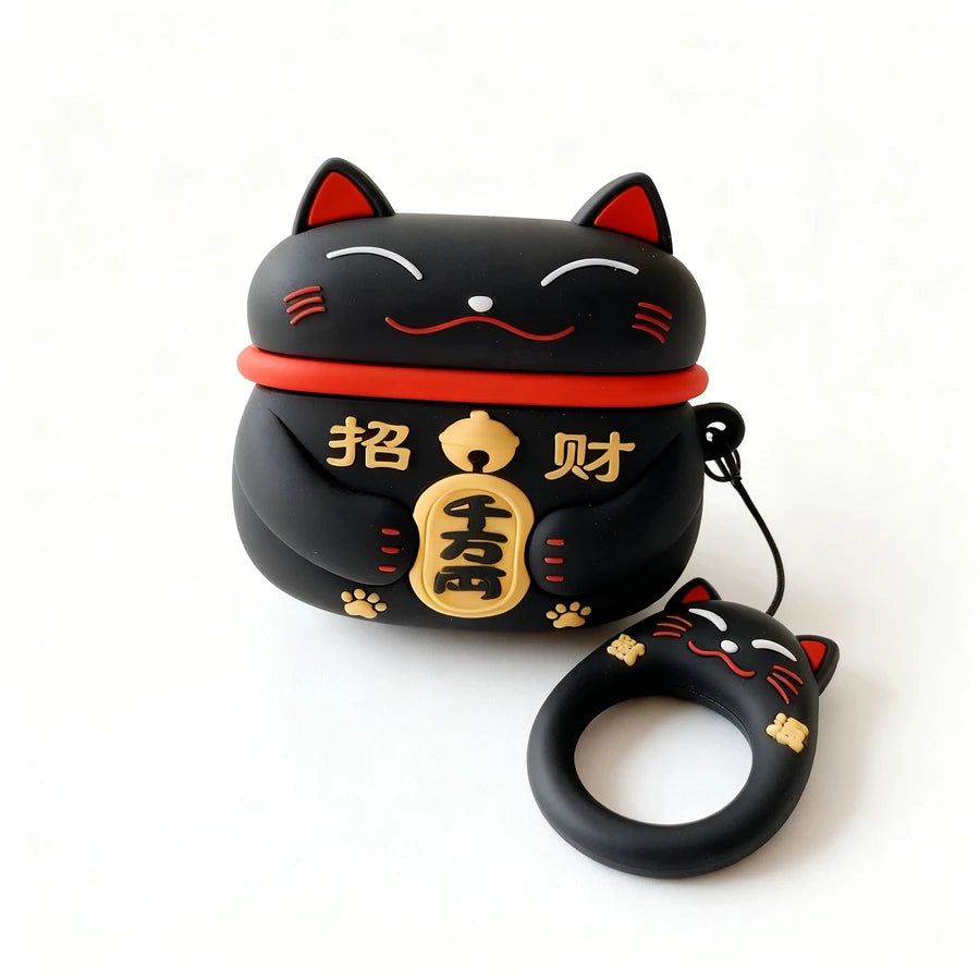 Black cat-shaped case with red collar and gold accents on a white background