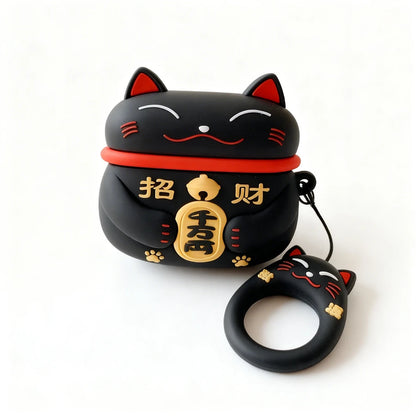Black cat-shaped case with red collar and gold accents on a white background