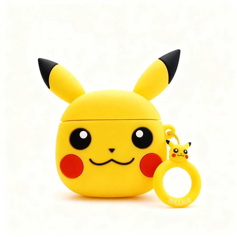 Yellow Pikachu-shaped air pod case with a small ring holder on a white background