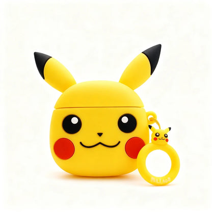 Yellow Pikachu-shaped air pod case with a small ring holder on a white background